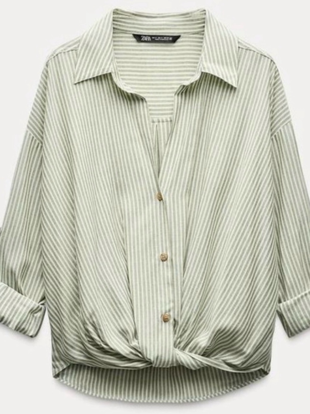 Zara Light Sage Striped Button-Down Knot Front Shirt